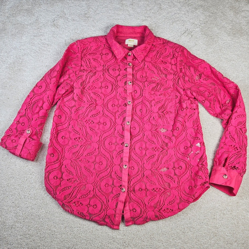 Women's Maeve by‎ Anthropologie Pink Lace Button Down Shirt Blouse Sheer Size 12